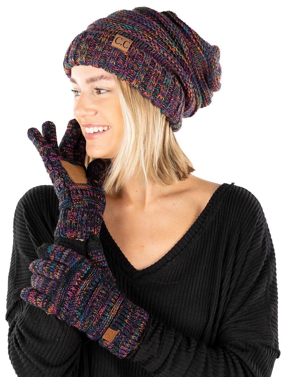 7447 Funky Gloves Hat and Gloves Set, Warm Knit Slouchy Beanie, Touchscreen
